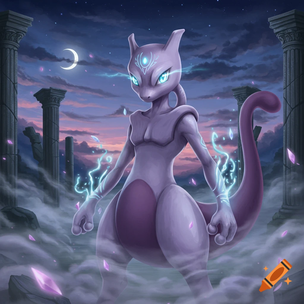 Mewtwo, a powerful purple bipedal Pokémon, stands amidst ancient ruins under a crescent moonlit sky, with glowing energy on its arms and head.