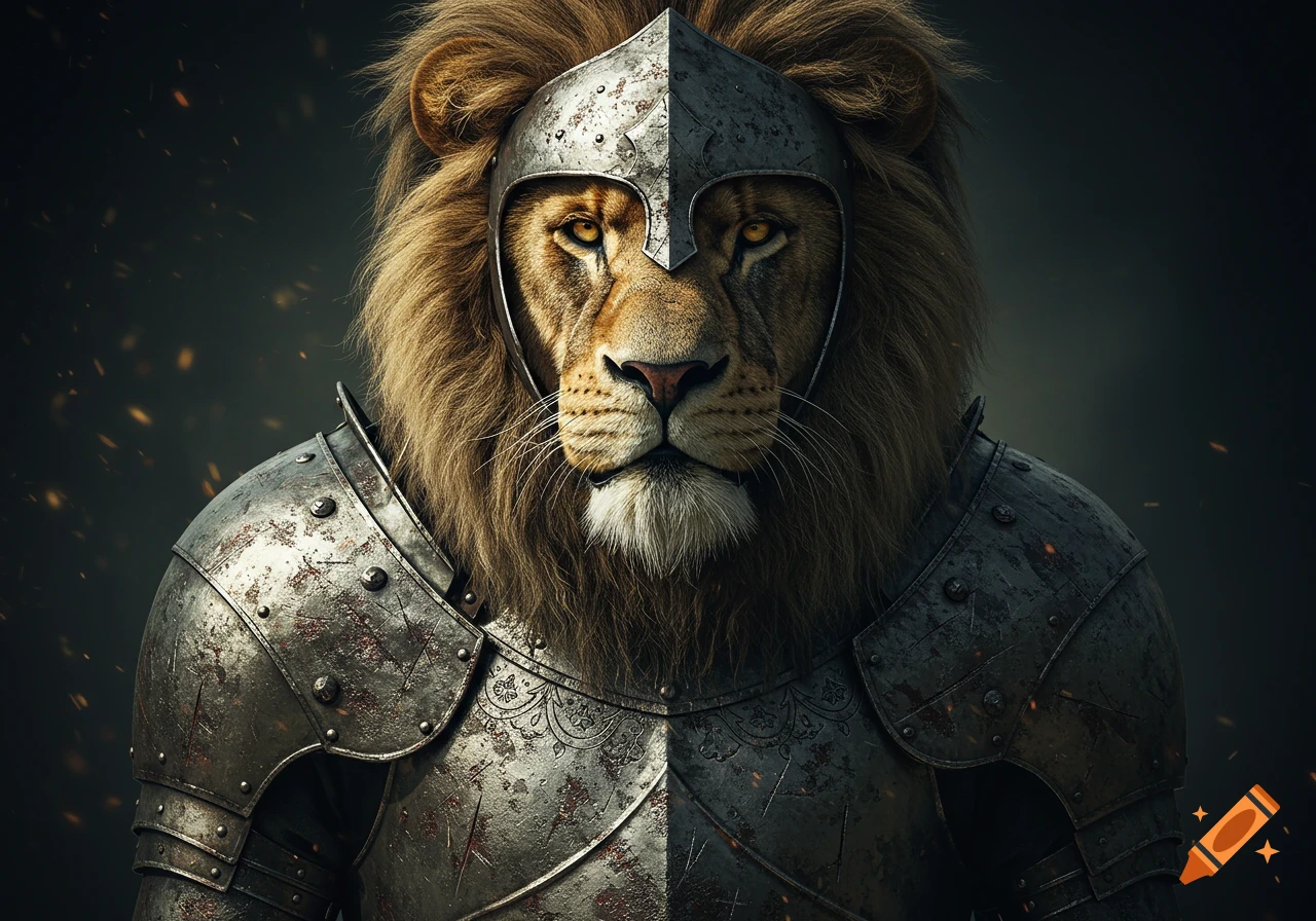 A majestic lion in rugged, battle-worn medieval knight armor with a helmet. Its piercing eyes radiate bravery in a dramatic, intense style.
