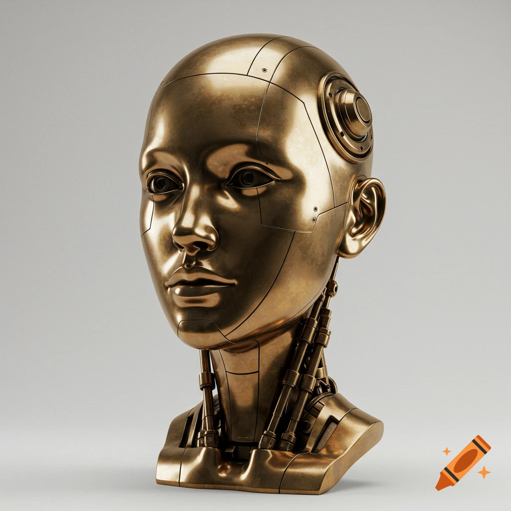 A detailed bronze bust of an androgynous robotic head with visible seams and mechanical components.