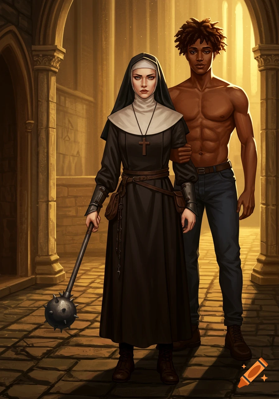 A warrior nun in black habit with a mace stands next to a shirtless muscular man in a gothic archway, digital painting.