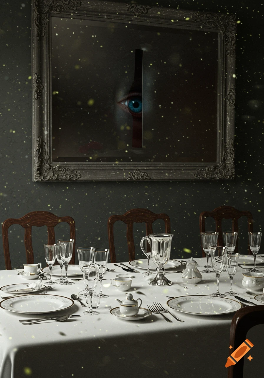 A finely set dining table with an eerie blue eye peering from a vertical slit in a large, ornate mirror on the wall, with glowing particles in the air.