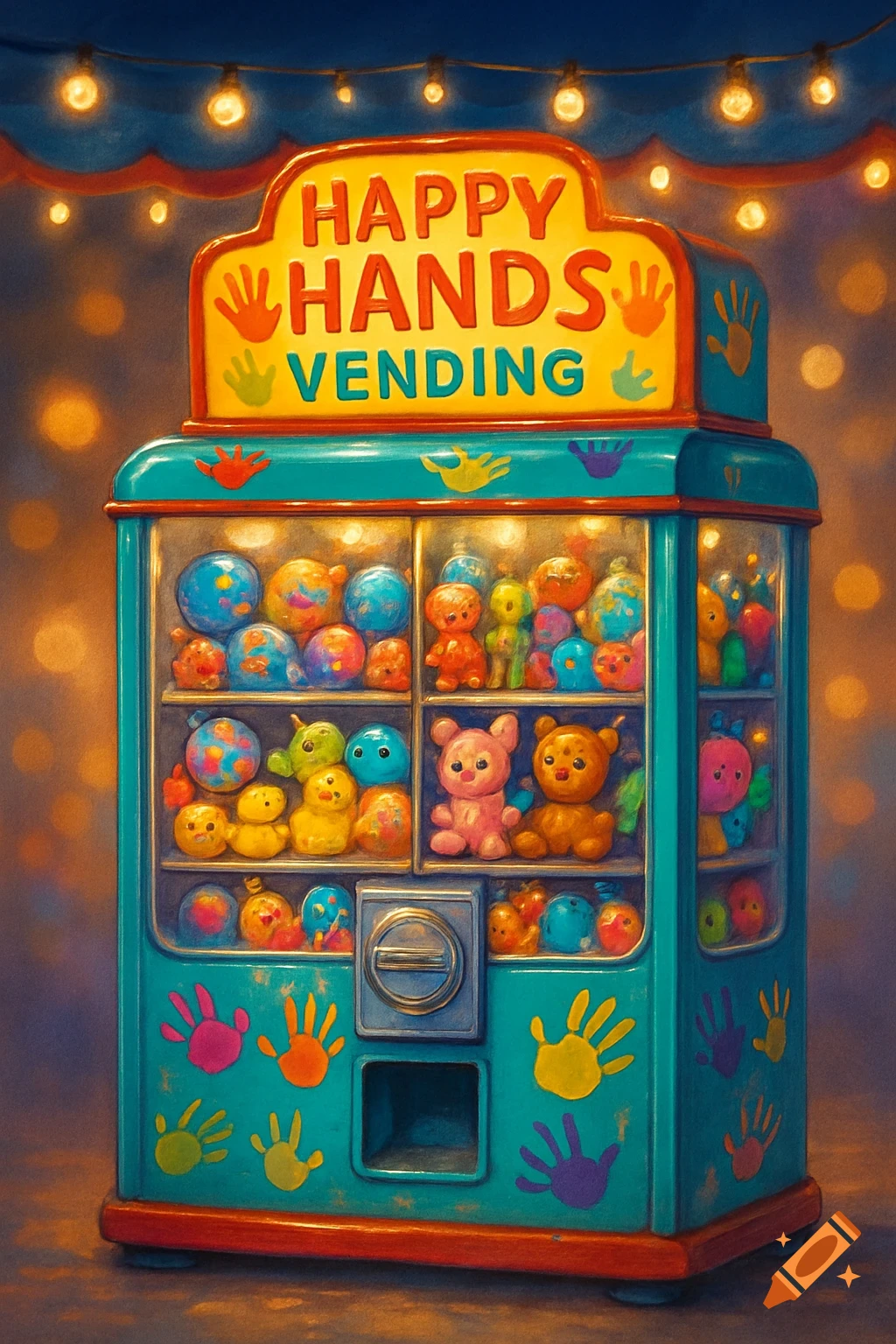 A vibrant, colorful vending machine filled with stuffed animals and bouncy balls, with a sign that reads 'HAPPY HANDS VENDING'.