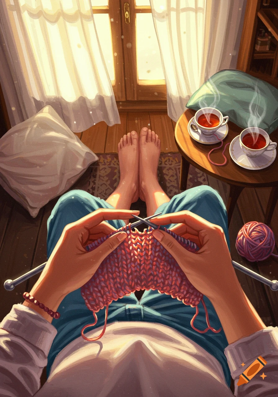 A first-person view digital painting of a person knitting a pink garment, with bare feet, by a window with two steaming cups of tea.