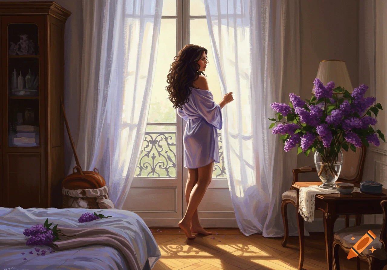 A woman in a purple robe stands barefoot by a sunlit window in a bedroom, with a large vase of purple lilacs on a table.