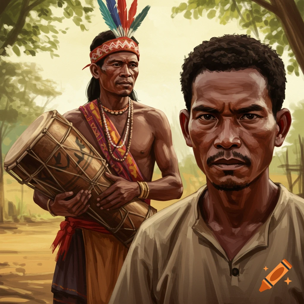 Painted portrait of a man in a light shirt in the foreground, with a man in traditional attire, feathered headdress, and drum in the background.