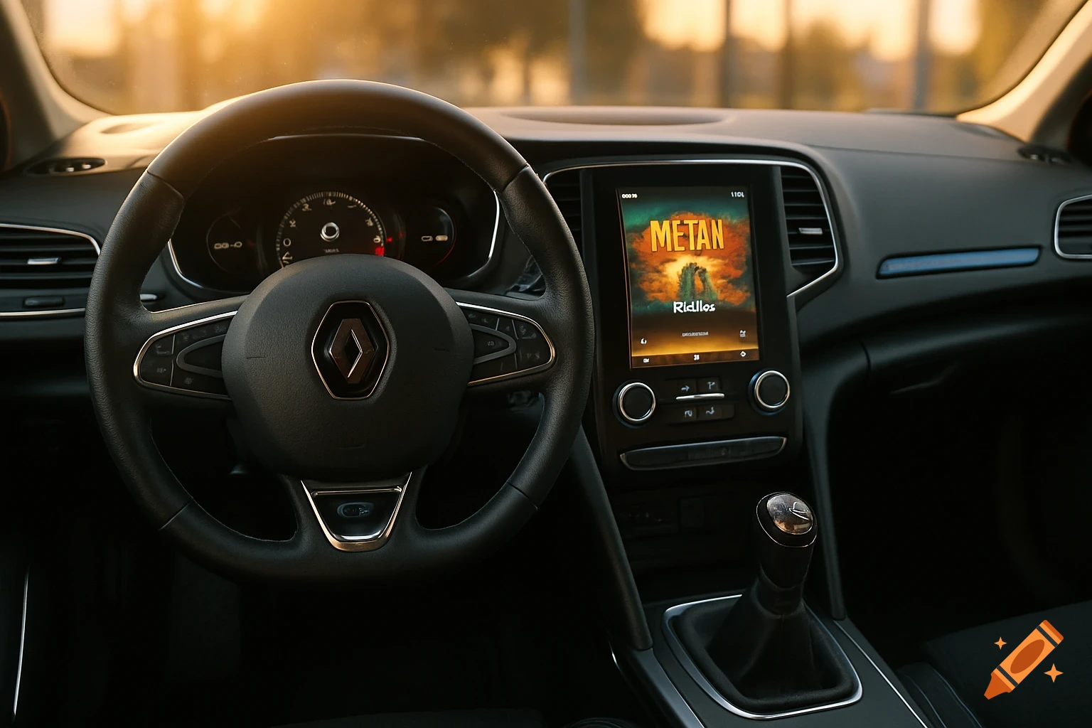 Photorealistic view inside a Renault Megane 4 GT, showing the steering wheel, manual gear shift, and central screen with music, in warm sunset light.