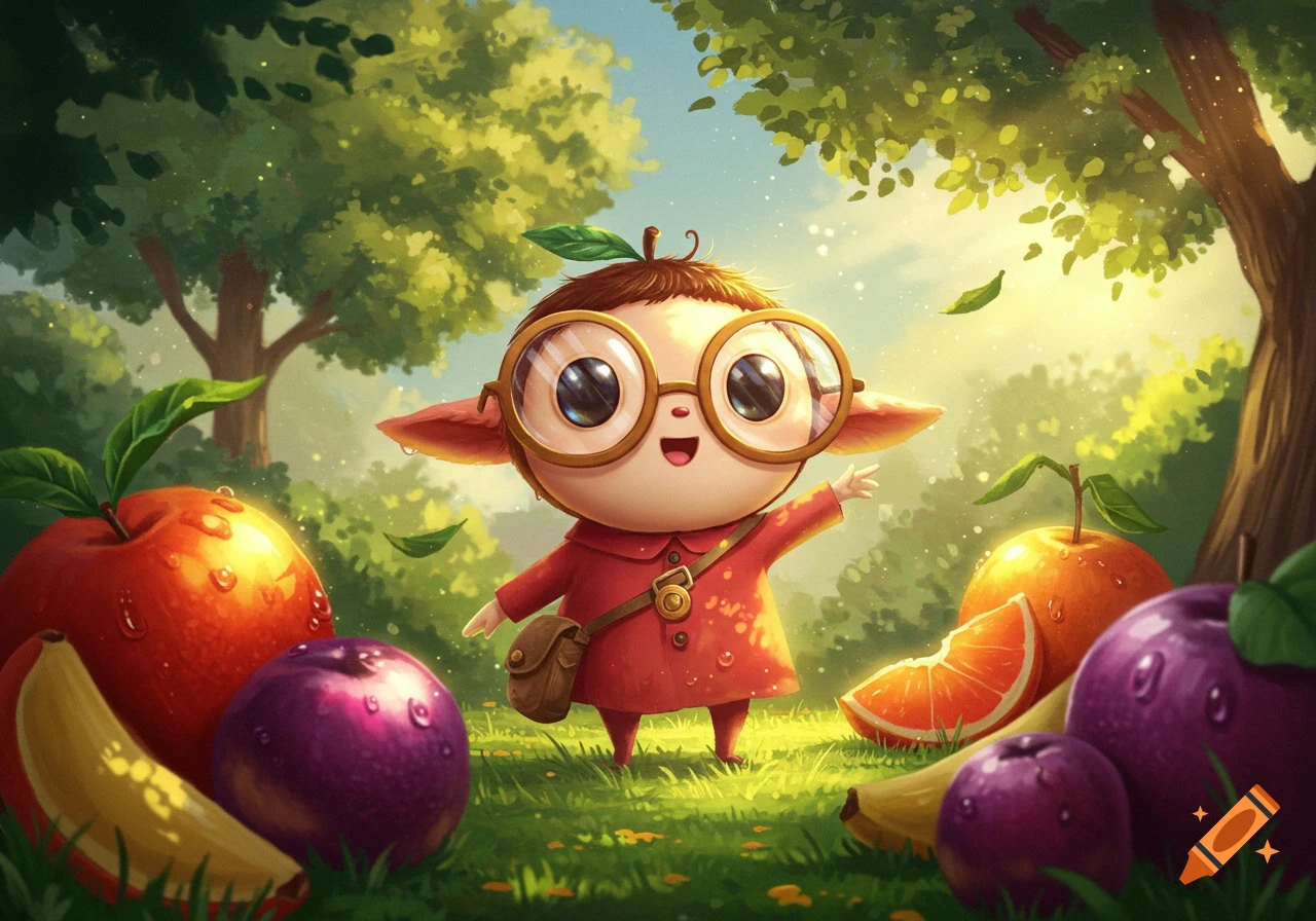 Cute big-eyed character in red clothes and glasses waving in a lush forest with giant dewy fruits.