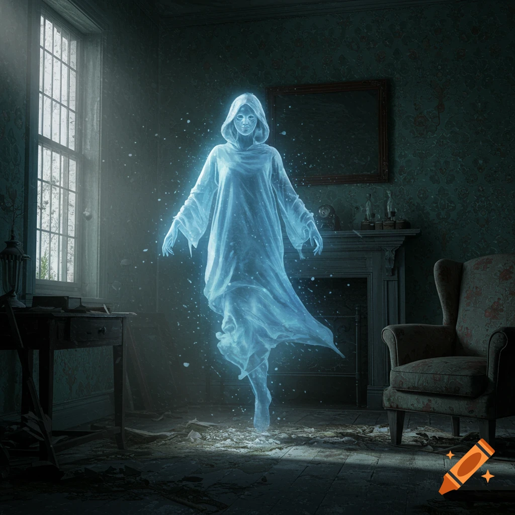 A luminous blue ghost in a hooded robe floats in an abandoned, dust-filled room with a window and fireplace.