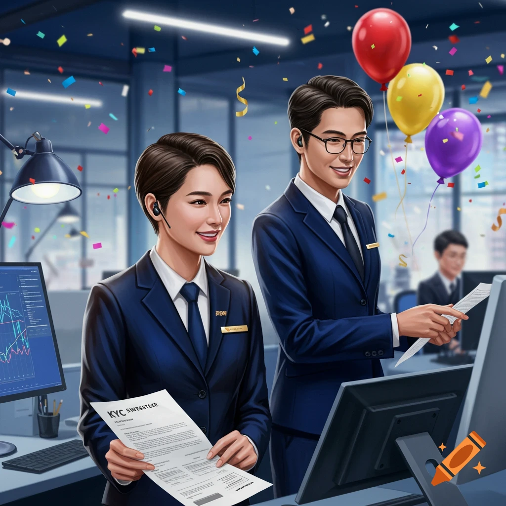 Two smiling customer service agents, a woman and a man, in a celebratory office with confetti and balloons. The woman holds a document.