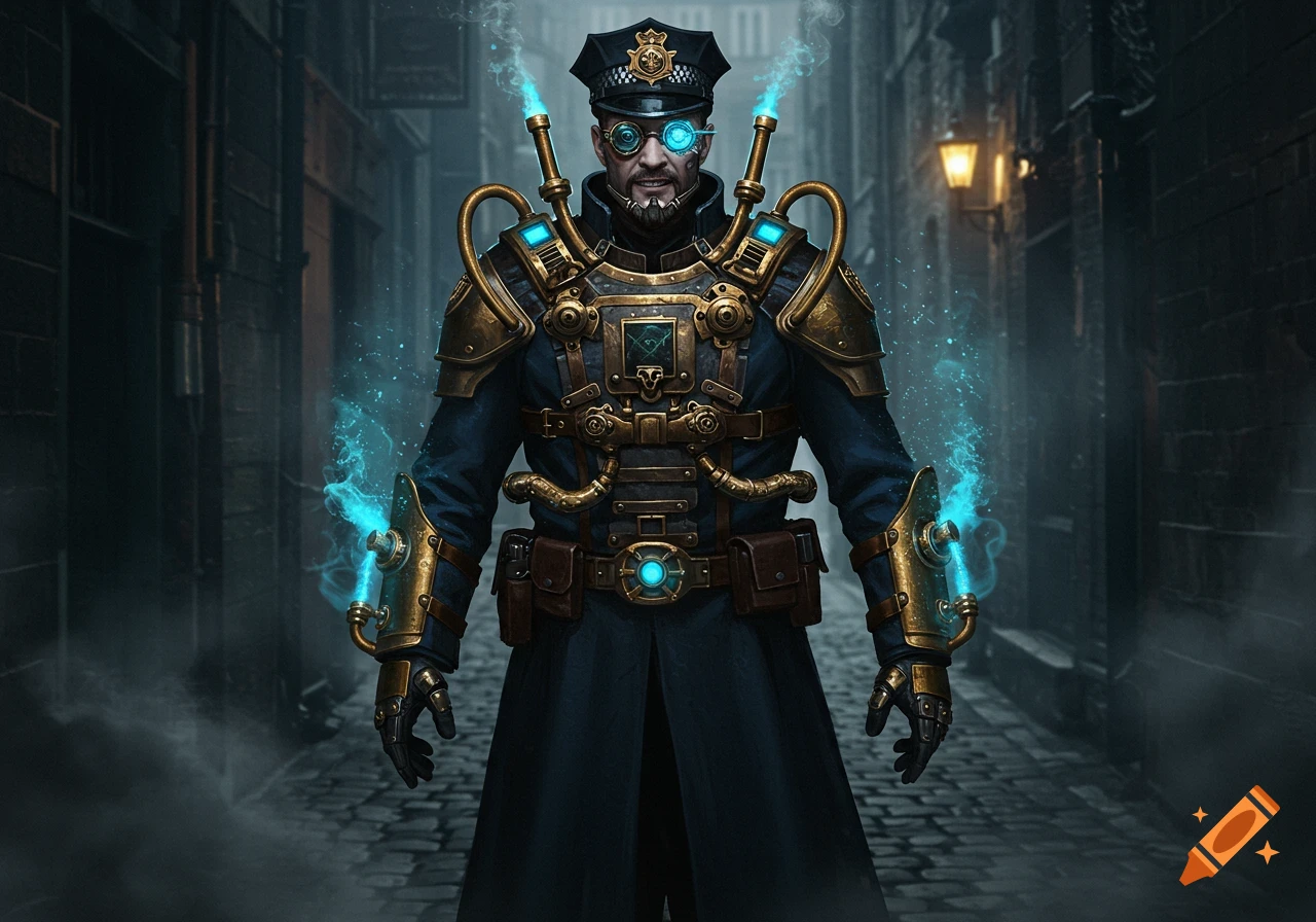 A menacing steampunk police officer in a dark alley, wearing intricate brass and glowing blue gear.