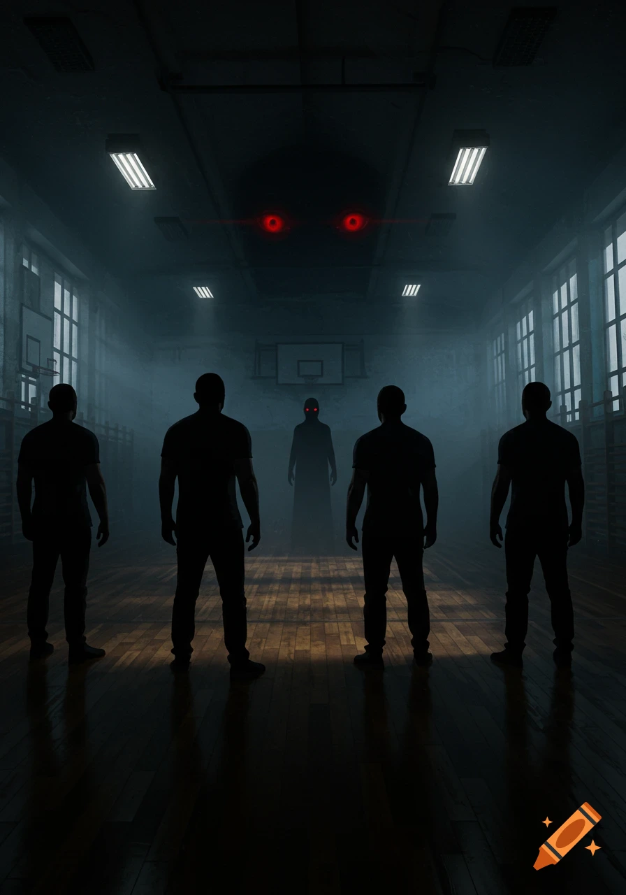 Four shadowy figures stand facing a dark, cloaked creature with glowing red eyes in a dimly lit, foggy gym hall.