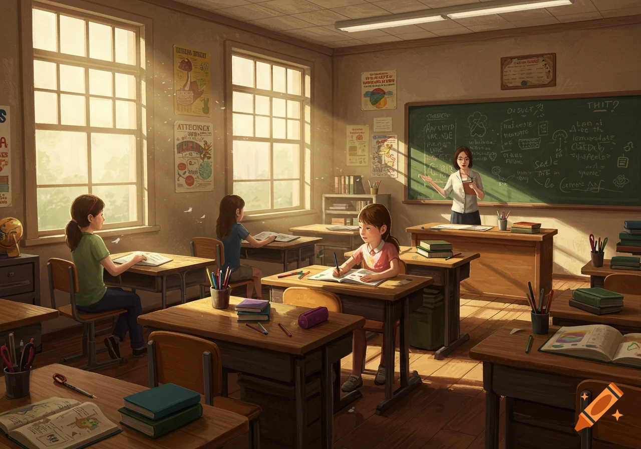 A warm, sunlit classroom illustration with a teacher at the blackboard and several young students sitting at wooden desks, writing and reading.