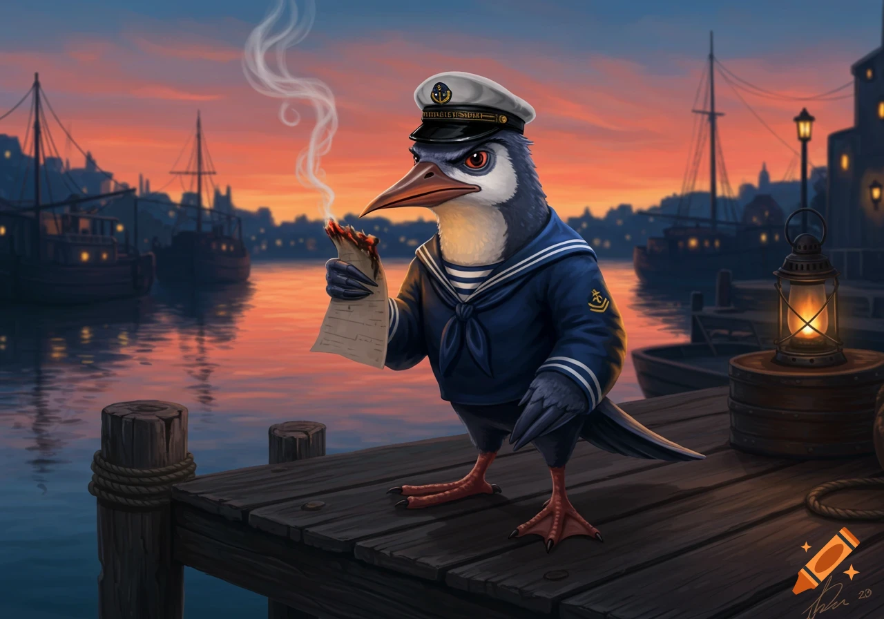 An illustrated bird in a sailor uniform stands on a dock, burning a paper roll, with boats in a harbor at sunset.