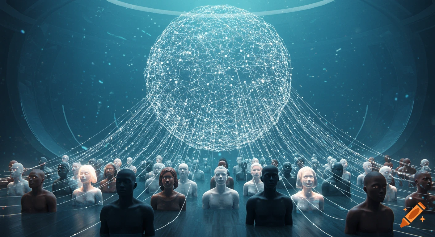 Concept art of human busts connected by glowing digital threads to a central network sphere, in a futuristic, cinematic setting.