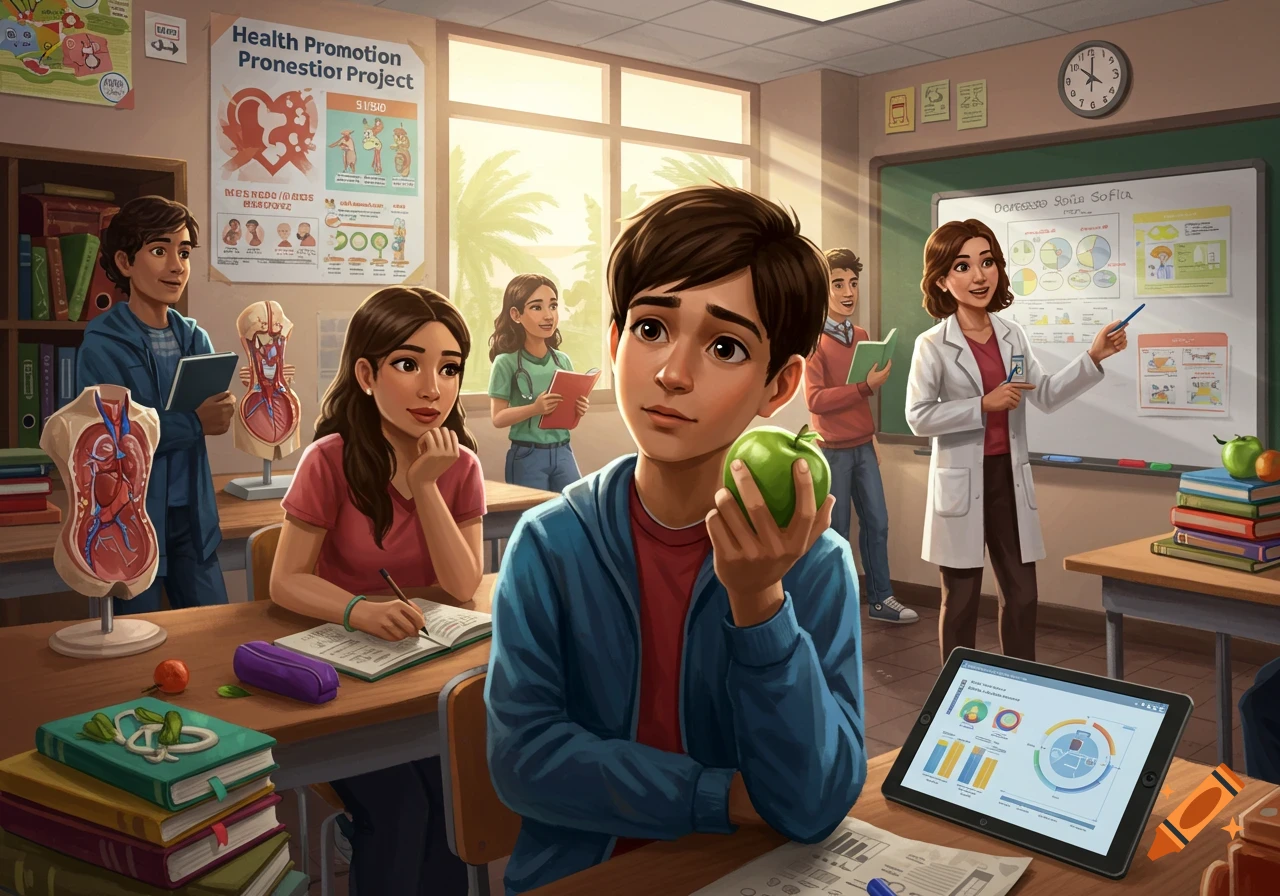 A diverse group of middle school students and a female teacher in a brightly lit classroom, focusing on a health promotion project with anatomical models and a digital tablet.