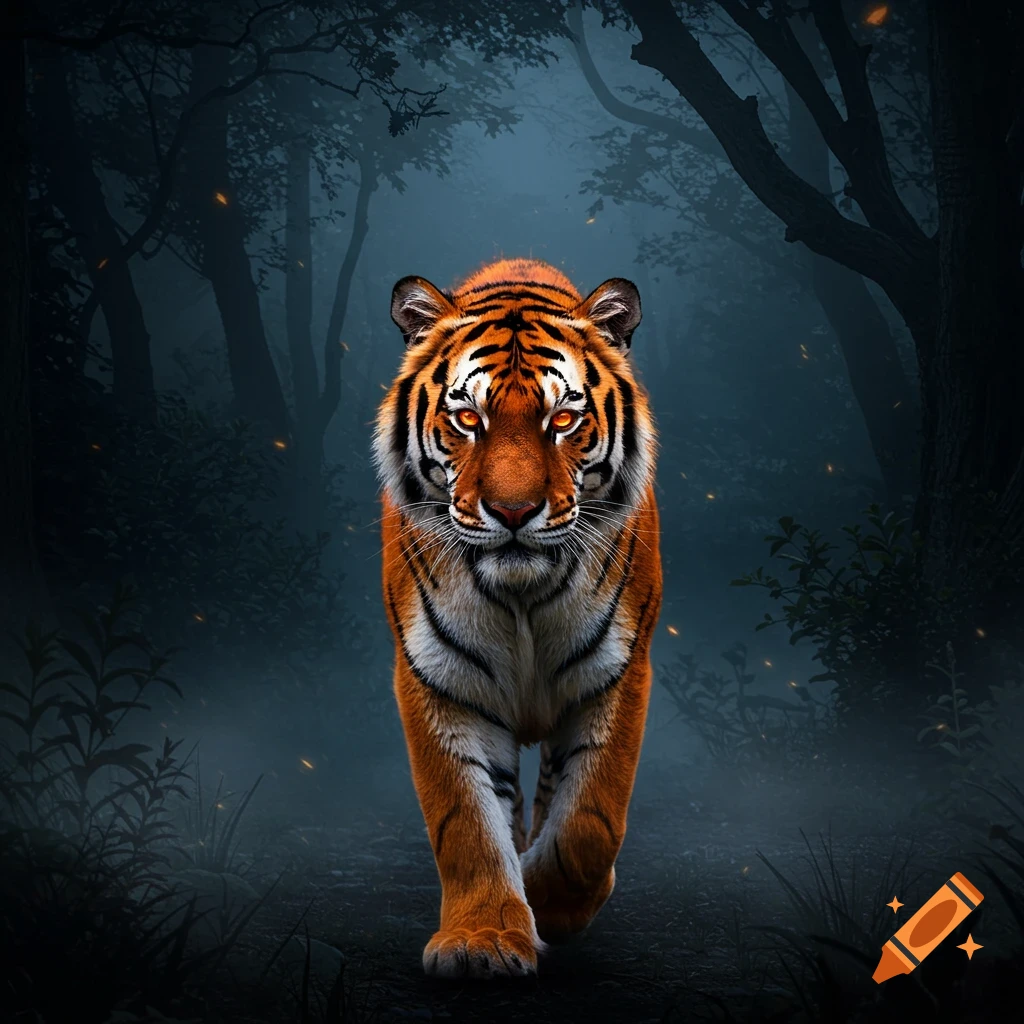 A photorealistic tiger with glowing orange eyes walks through a dark, misty forest.