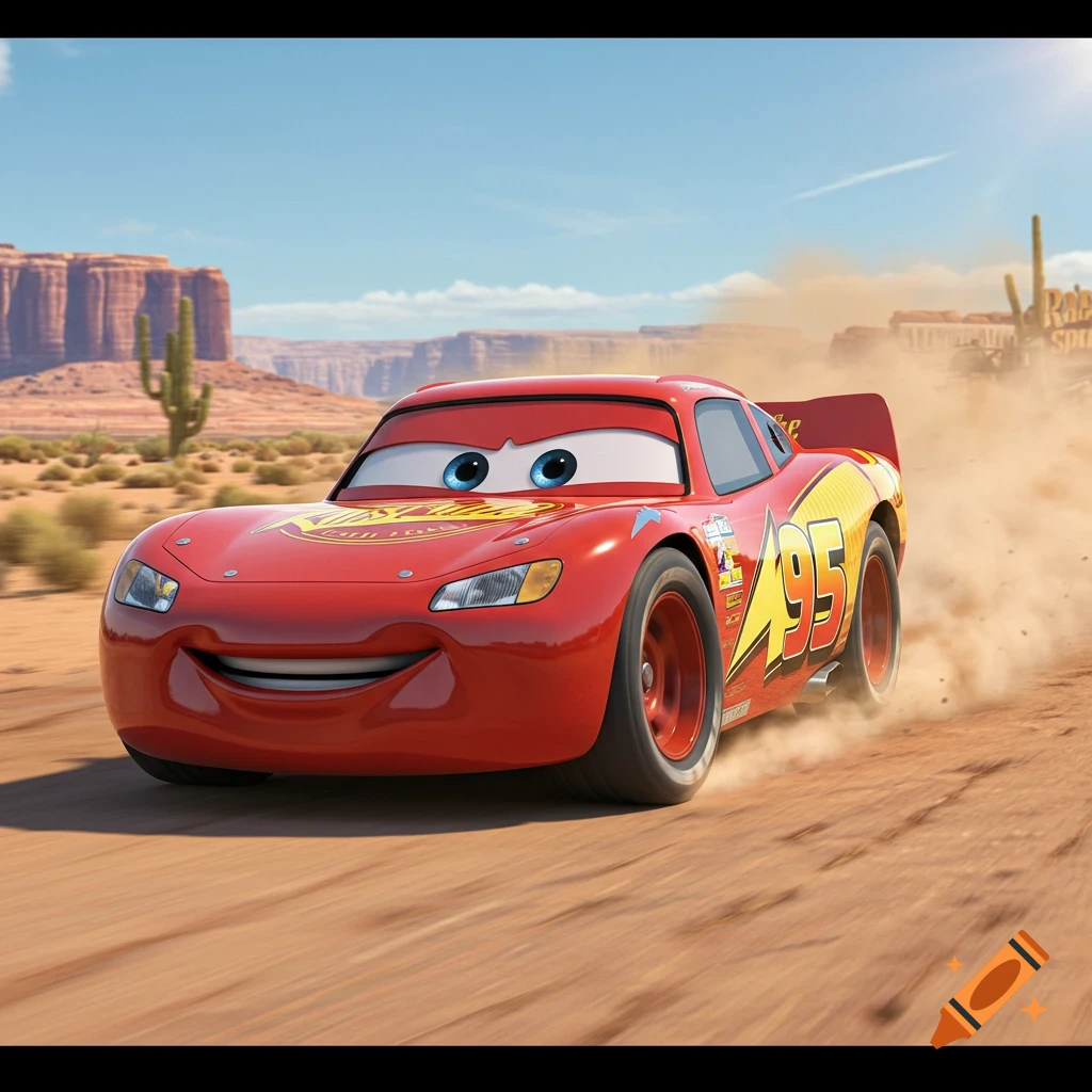 Lightning McQueen speeding through a dusty desert landscape, kicking up dirt, under a blue sky. Animated style.