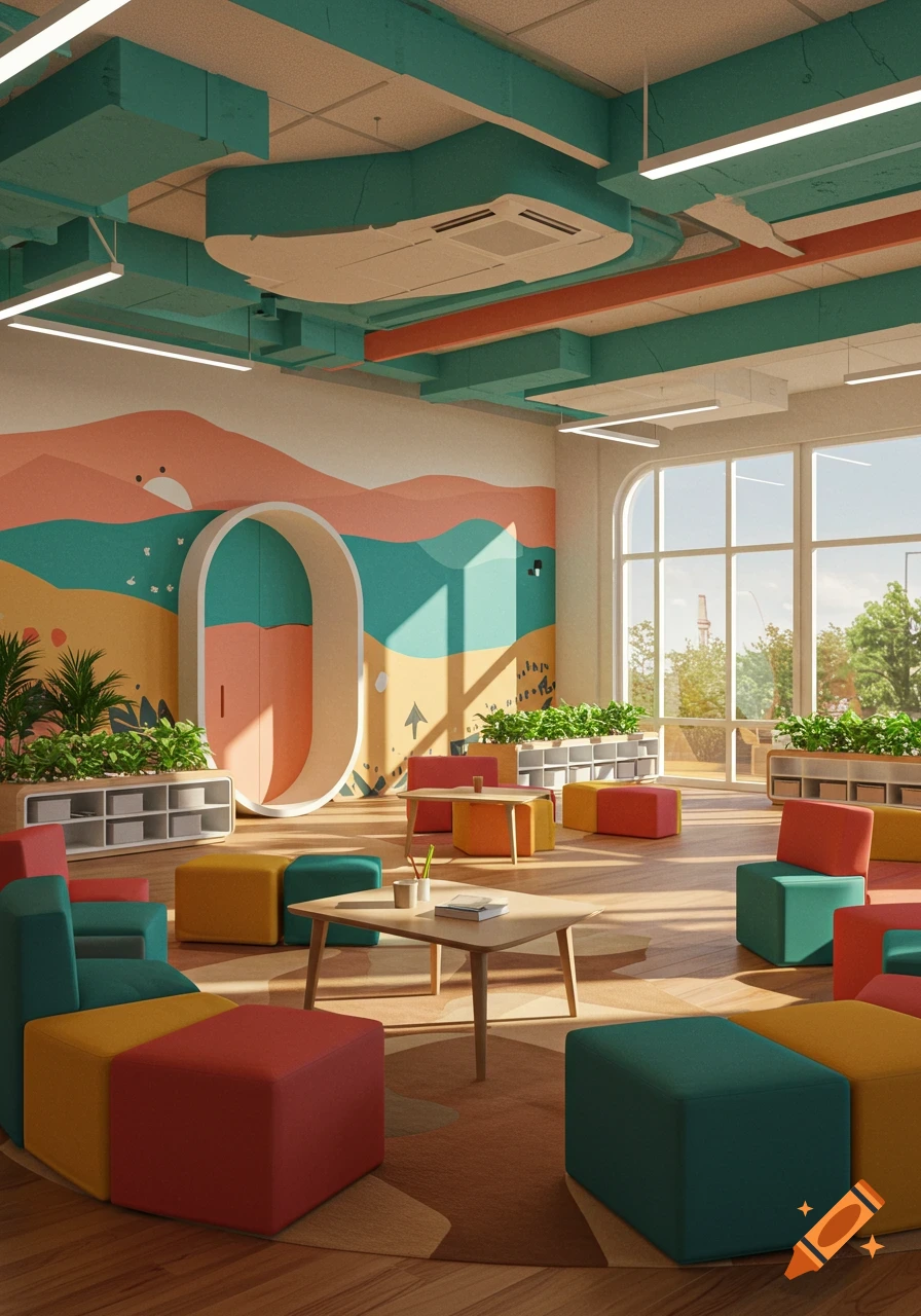 A vibrant, modern classroom with colorful modular seating, large windows, and a playful mural.