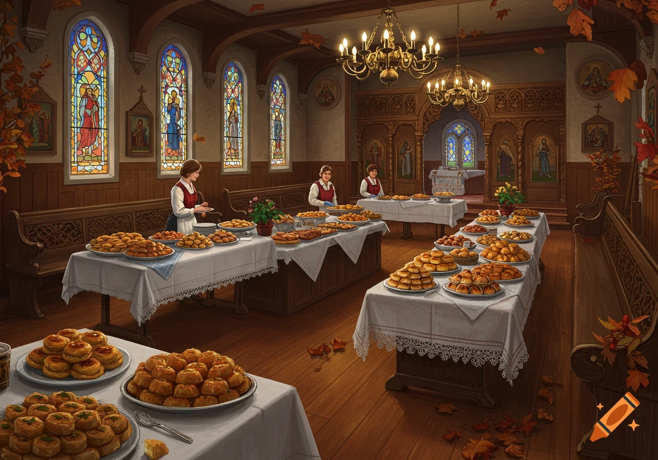 Women prepare a Greek bake sale in a church hall with stained glass windows and autumn decorations.