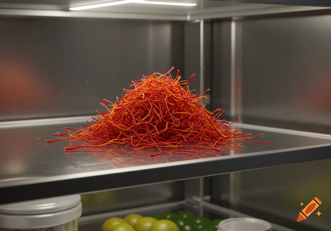 A close-up shot of a large pile of red and orange saffron threads on a shiny shelf inside a refrigerator.