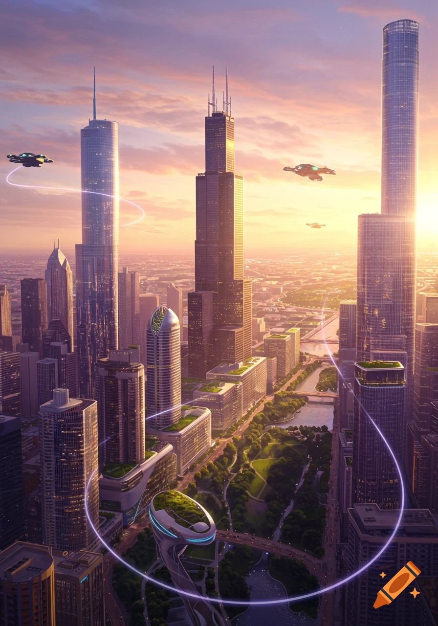 Futuristic Chicago cityscape at sunrise with towering skyscrapers, green spaces, and flying vehicles with glowing trails.