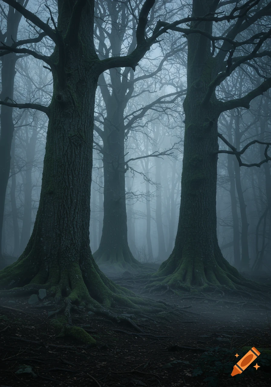 Three large, moss-covered trees with exposed roots stand prominently in a dense, misty forest.
