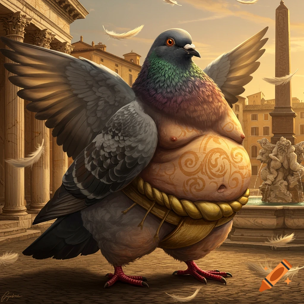 A muscular pigeon with a sumo wrestler's torso and loincloth stands in an ancient Roman square, digital art.