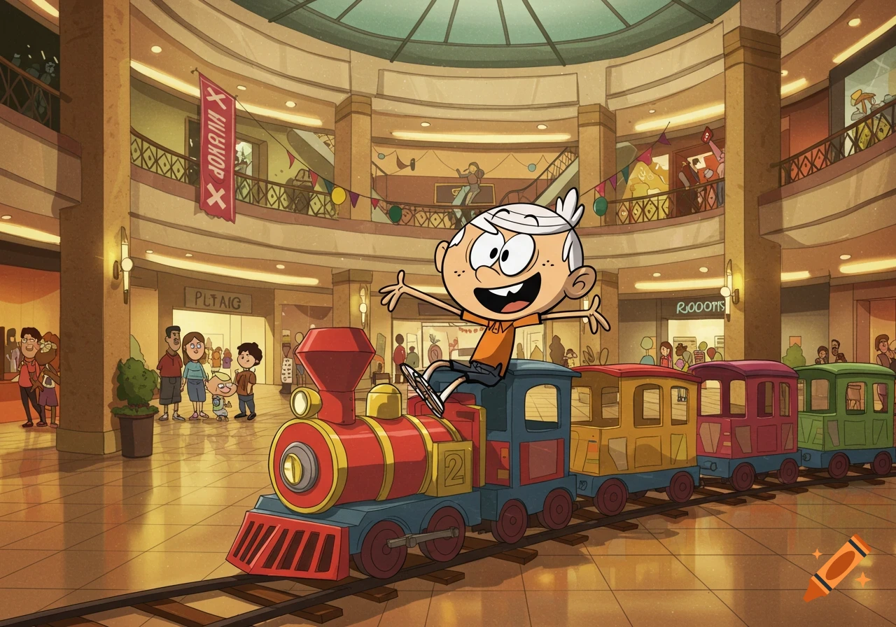 Lincoln Loud riding a colorful toy train in a multi-level shopping mall, surrounded by people and stores, in a vibrant cartoon style.