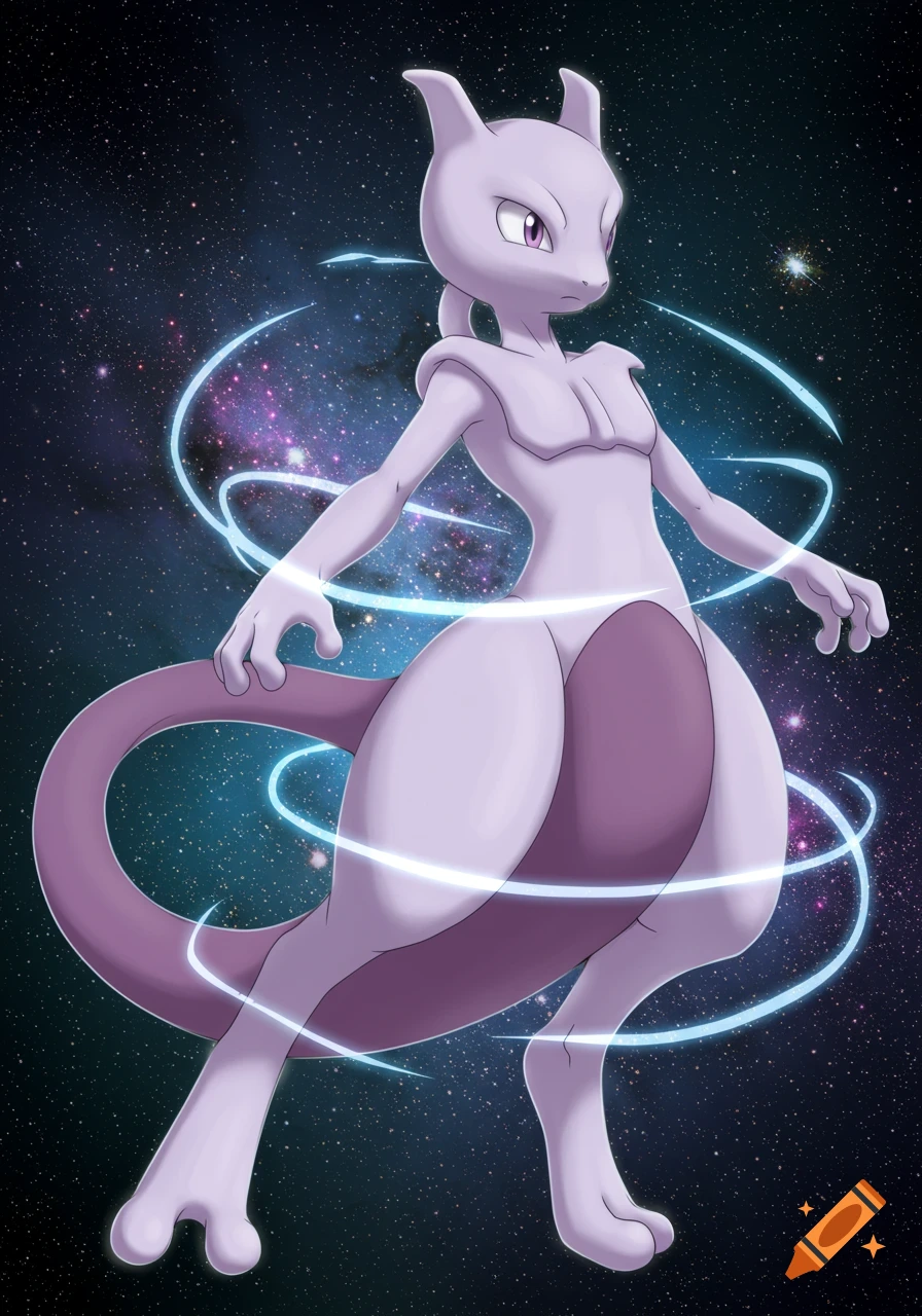 Mewtwo stands dynamically, surrounded by blue energy rings, against a backdrop of a starry galaxy.