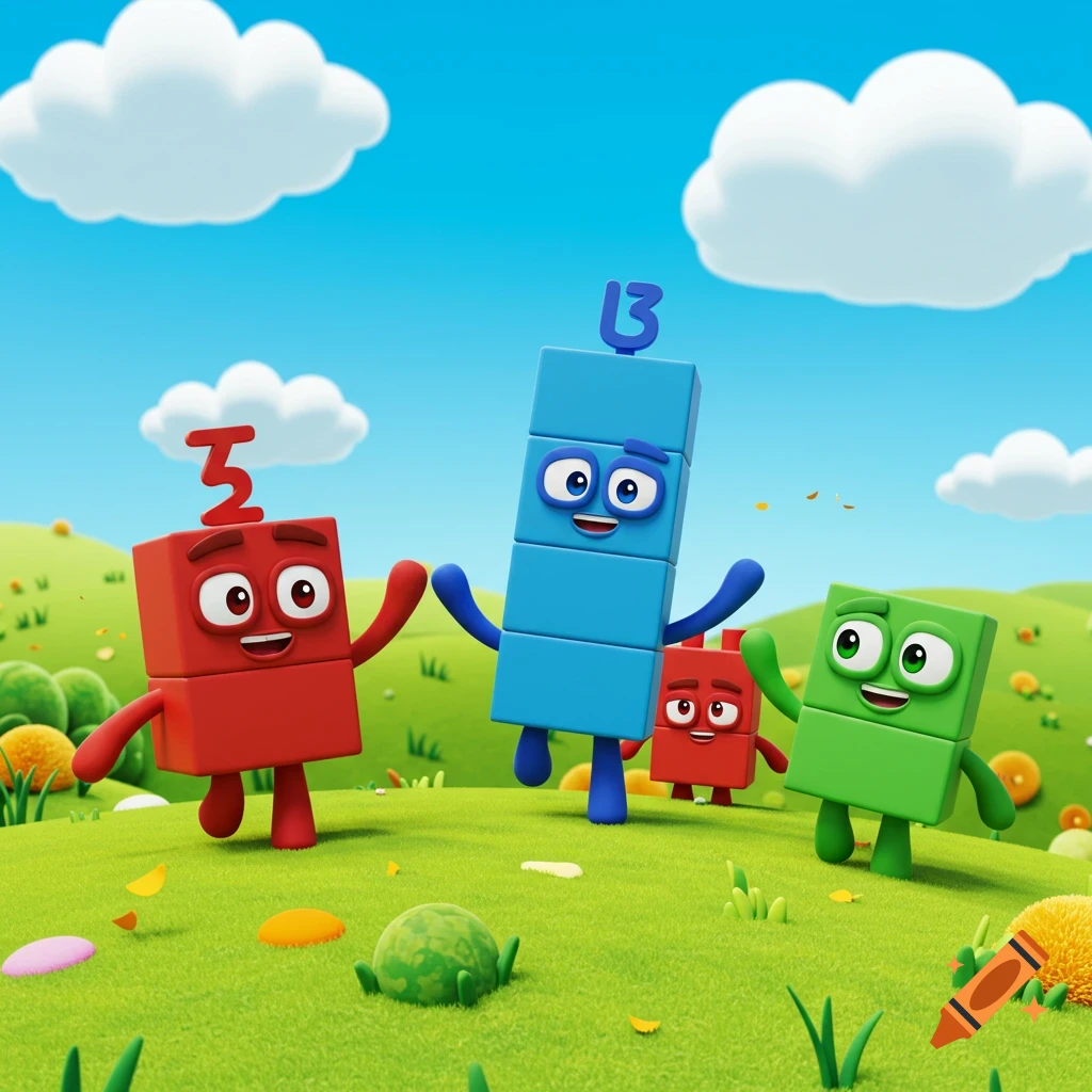 Three colorful, block-shaped Numberblocks characters, red, blue, and green, play in a bright grassy field under a blue sky.