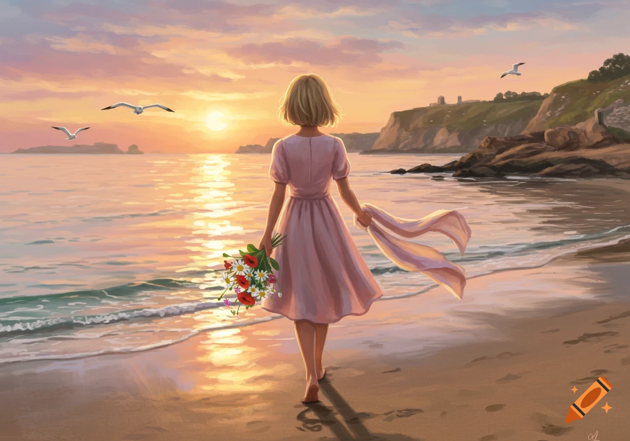 Digital painting of a girl in a pink dress walking on a beach at sunset, holding wildflowers, with seagulls and cliffs.