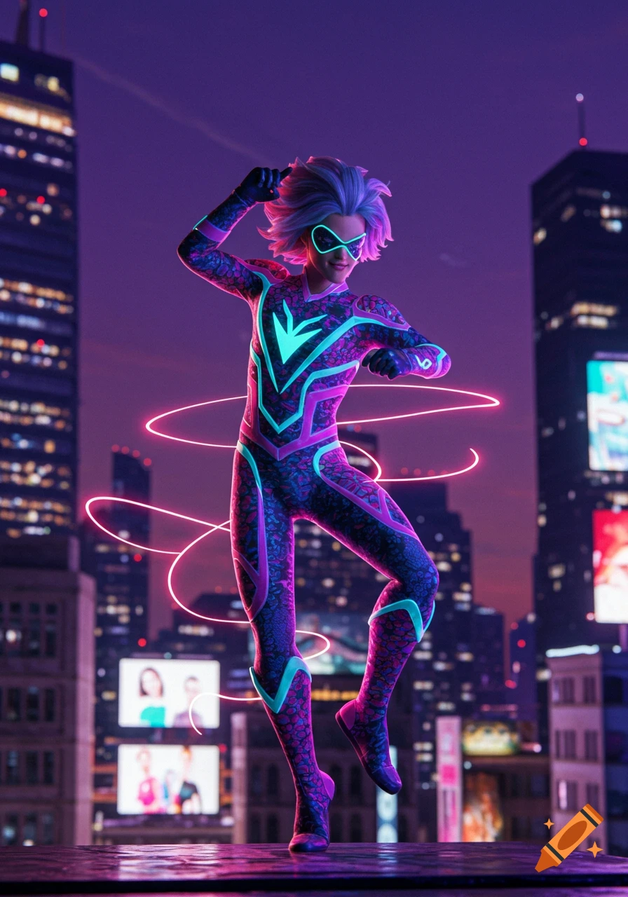 A stylized character in a vibrant neon cyberpunk suit dances against a futuristic city skyline at night, glowing pink lines swirl around them.