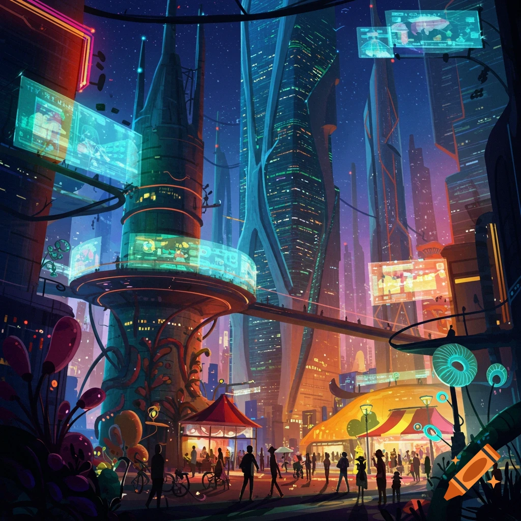 A vibrant, crowded futuristic city at night, with towering neo-futuristic buildings, neon lights, and bustling street life.