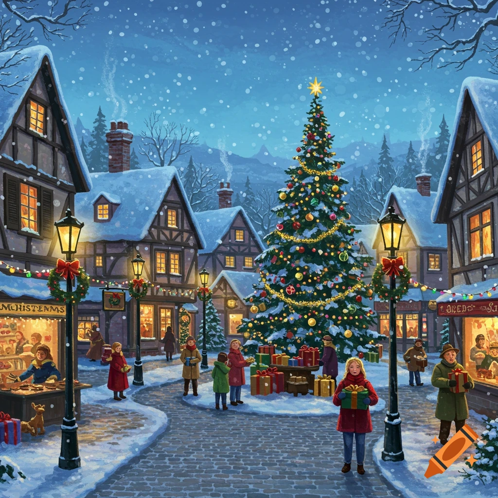 A snowy, festive village scene with a large decorated Christmas tree in the center, surrounded by people holding gifts and charming snow-covered houses.