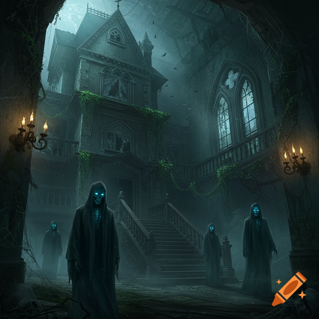A dark, foggy gothic mansion with broken windows and vines. Four hooded skeleton-like figures with glowing blue eyes stand outside.