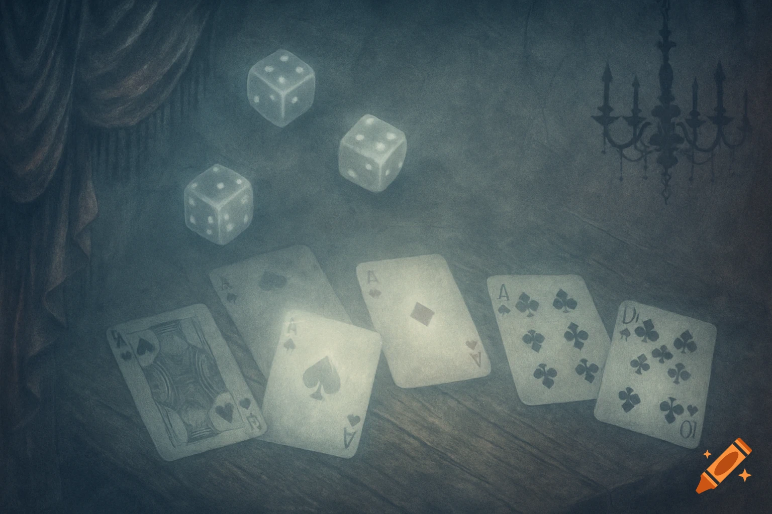 An eerie, desaturated still life with scattered playing cards and glowing dice on a wooden table, under a faint chandelier.
