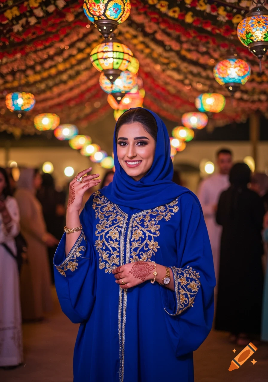 Smiling Arab woman in royal blue jalabiya with gold embroidery and hijab, hennaed hands, under colorful lanterns at a festive event.