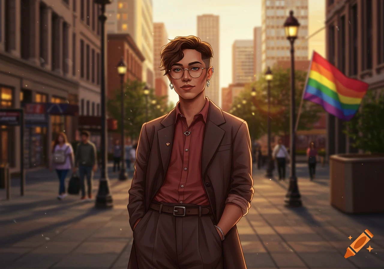 Stylized illustration of a person with short brown hair, glasses, and a suit, standing on a city street with a rainbow flag.