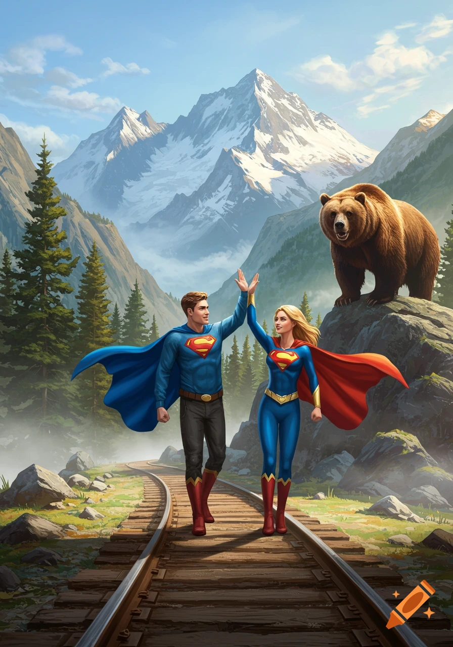 Superman and Superwoman high-five on train tracks in a lush mountain valley, a brown bear standing on a rock nearby. Illustration.