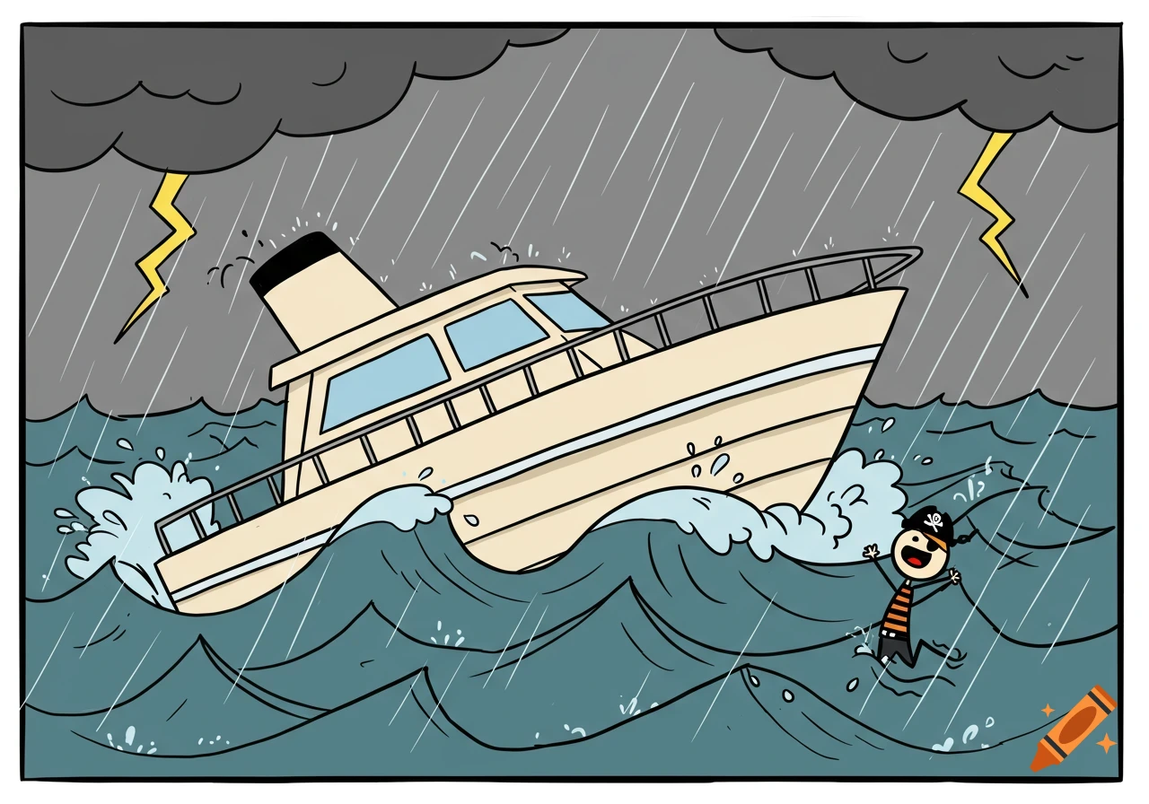 A cartoon illustration of a boat tilting in a stormy ocean with lightning, rain, and a person flying out into the waves.
