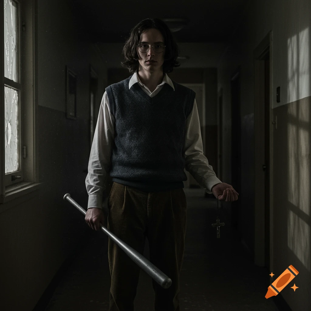 A photorealistic image of a young man with shaggy hair and glasses, holding a baseball bat and crucifix in a dark hallway.