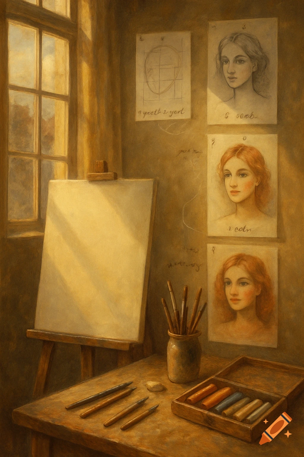 An artist's studio with an easel, a table of drawing tools, and sketches of female faces on a warm-toned wall by a window.