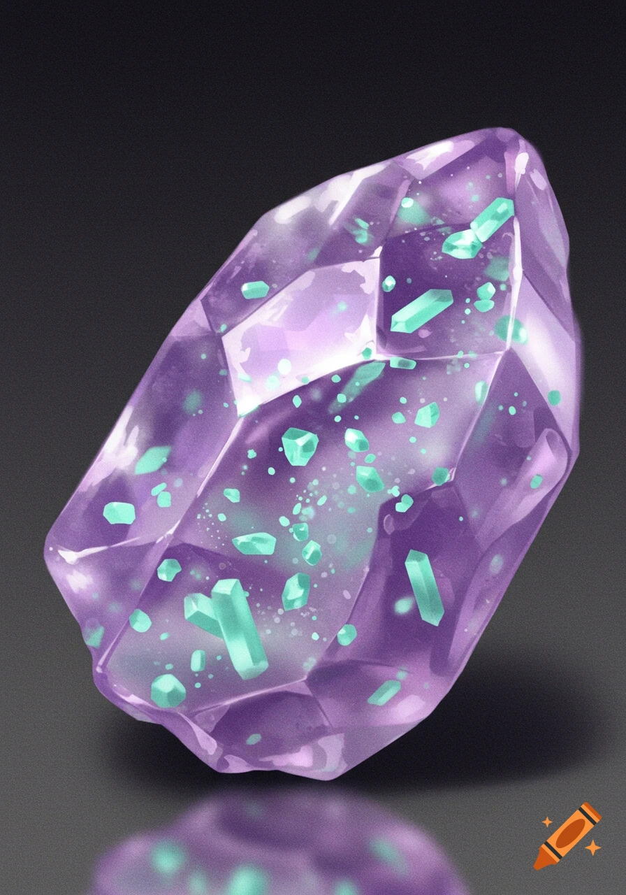 A shiny purple faceted mineral with small mint green crystal inclusions, reflecting on a dark surface.
