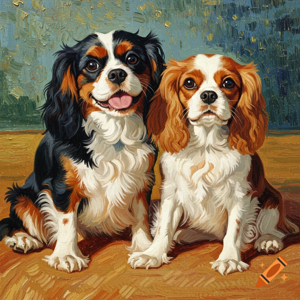 Two Cavalier King Charles Spaniels, one tricolor and one Blenheim, sitting together in a colorful Van Gogh style painting.