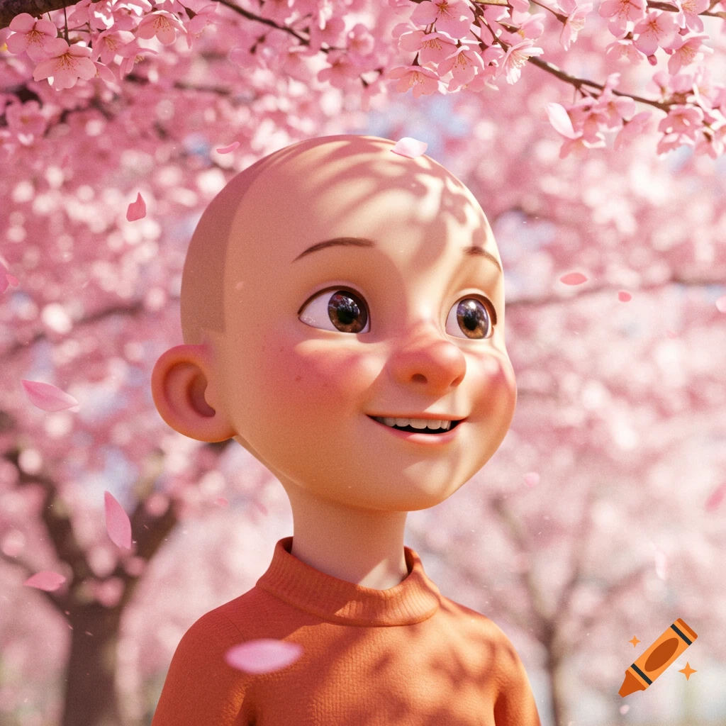 Smiling bald cartoon boy with a big nose under a canopy of pink cherry blossoms.