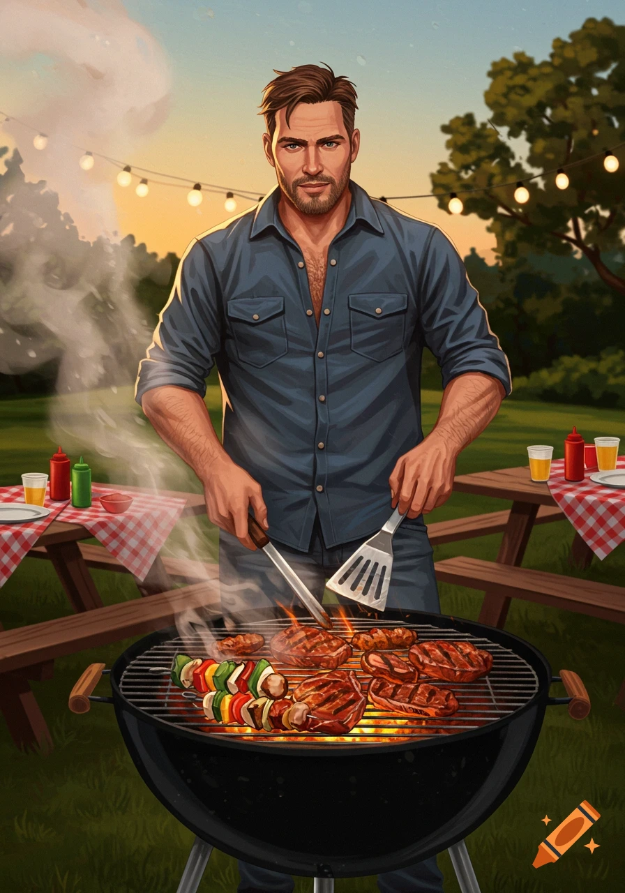 An illustrated man with a beard grilles meat and vegetable skewers on a barbecue in an outdoor backyard setting at sunset.