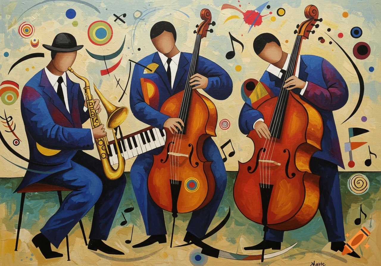 Abstract painting of three jazz musicians, one with a saxophone and keyboard, two with double basses, in a colorful Kandinsky style.