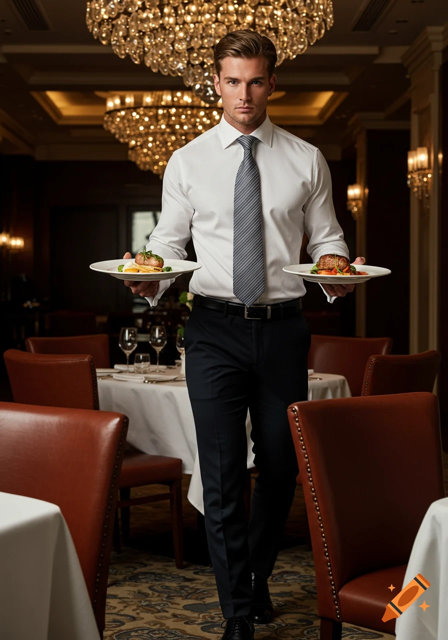 A handsome male waiter serves two dishes in a luxurious, dimly lit restaurant under a grand chandelier.