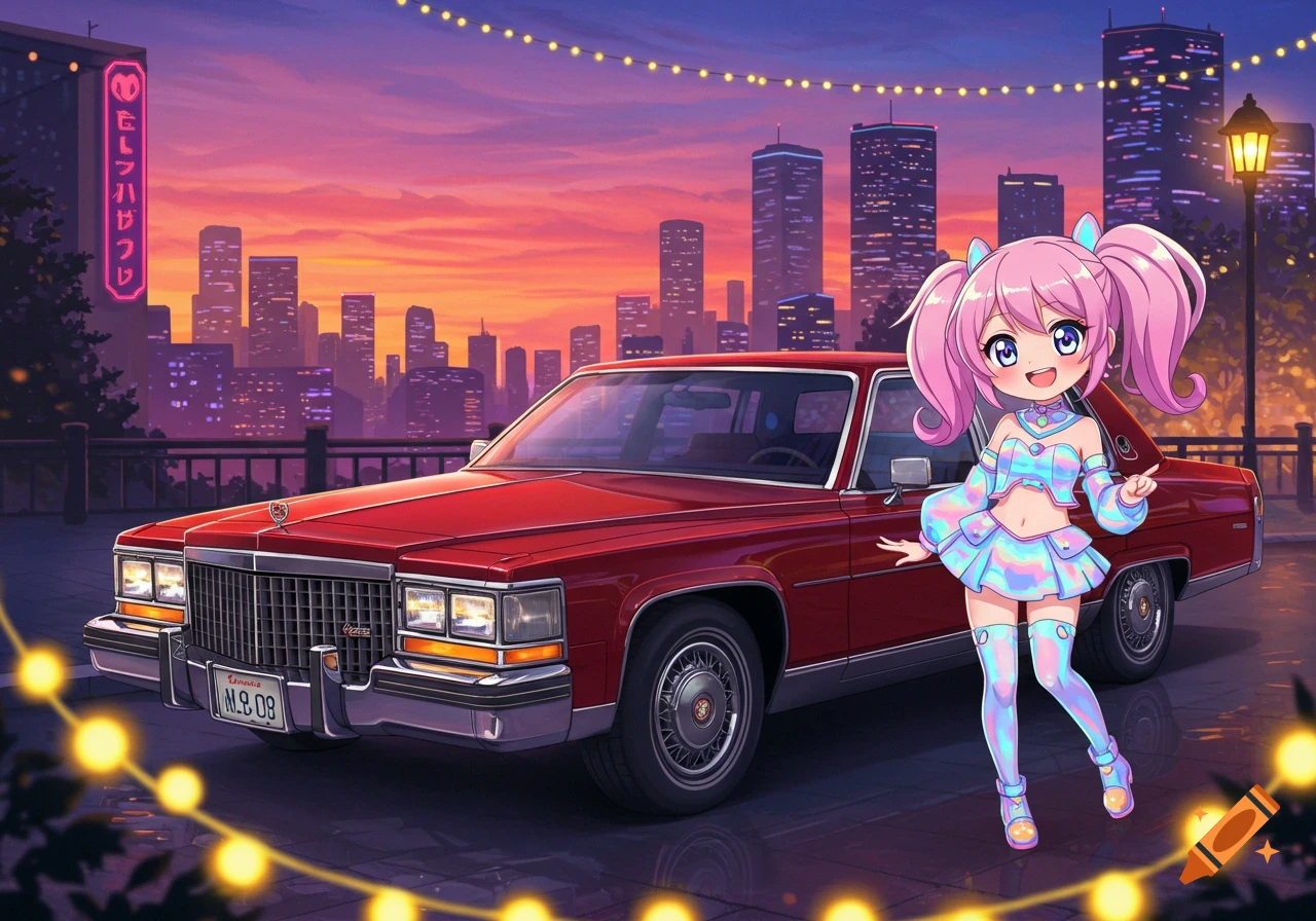 Anime girl with pink pigtails in a holographic outfit stands next to a red vintage Cadillac car, with a city skyline at sunset in the background and string lights.