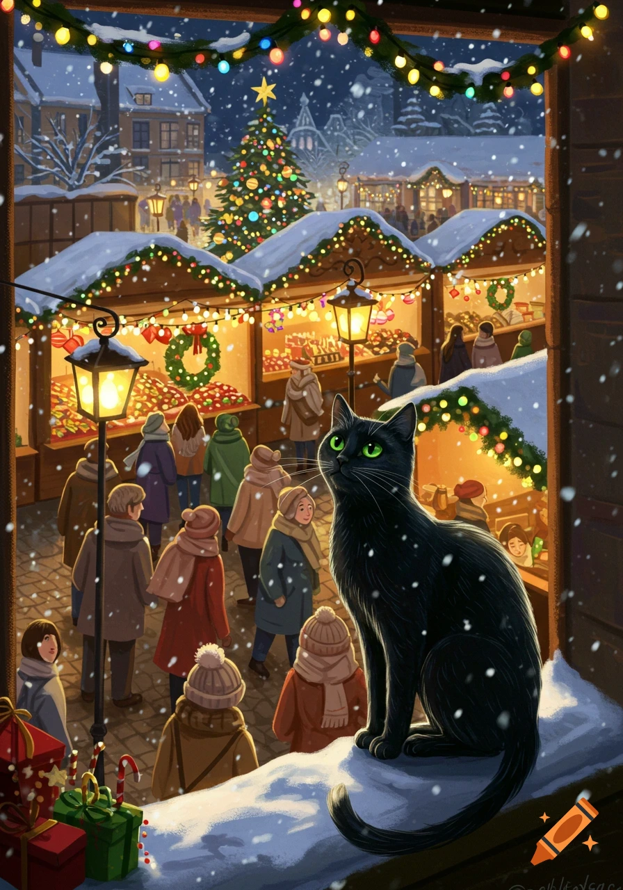A black cat with green eyes sits on a snowy window sill, looking at a bustling, brightly lit Christmas market with a decorated tree.